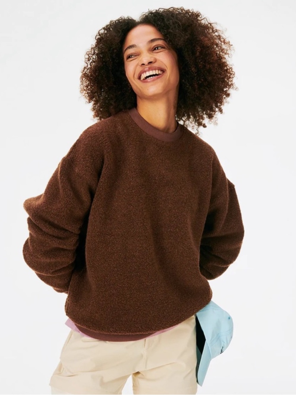 Cozy Brown Fleece Crewneck Sweater - Women